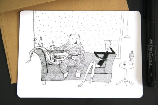 Ansichtkaart met beer, krokodil, vos, koffie | Anne Feber