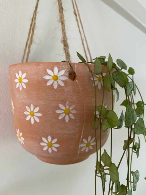 Vintage terracotta hangende bloempot met witte bloemen | Sass and Belle