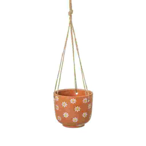 Vintage terracotta hangende bloempot met witte bloemen | Sass and Belle