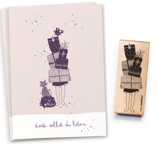 Stempel vrouw (Marie) met stapel cadeautjes | Cats on Appletrees